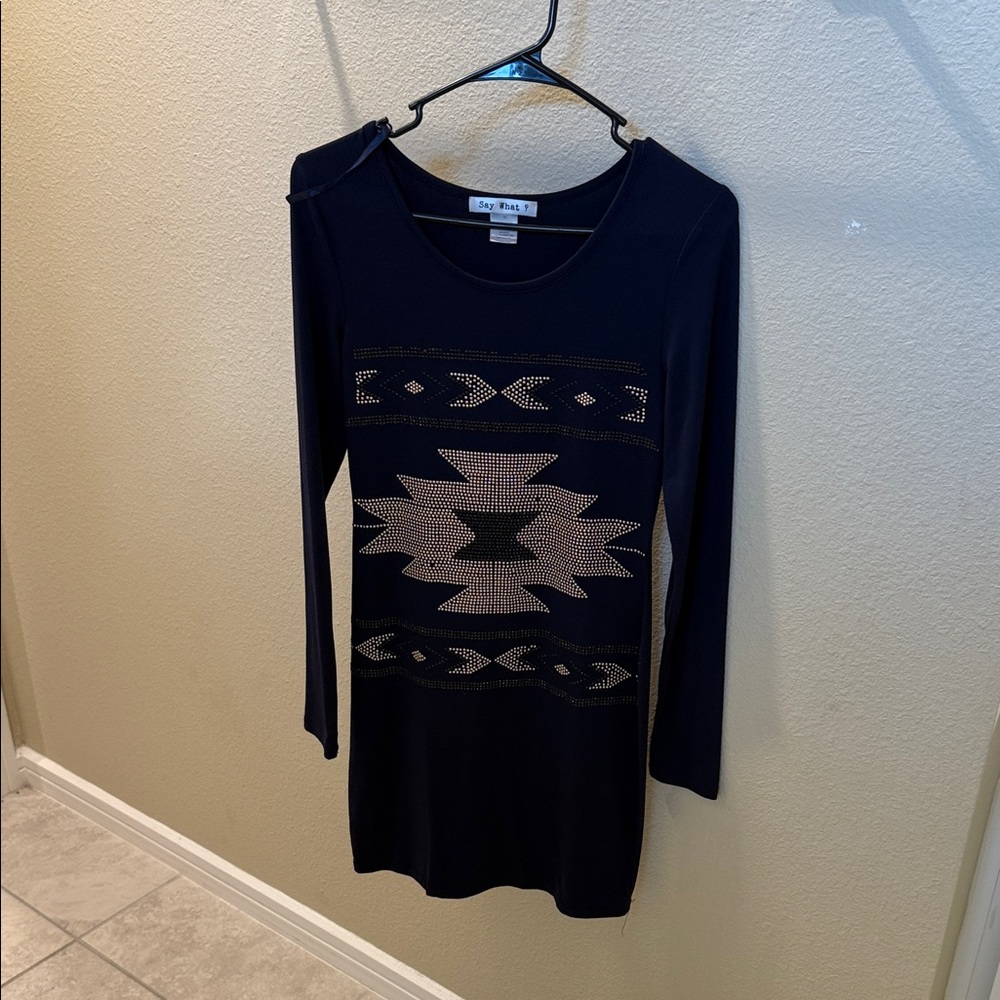 Navy Long Sleeve Dress with Geometric Pattern